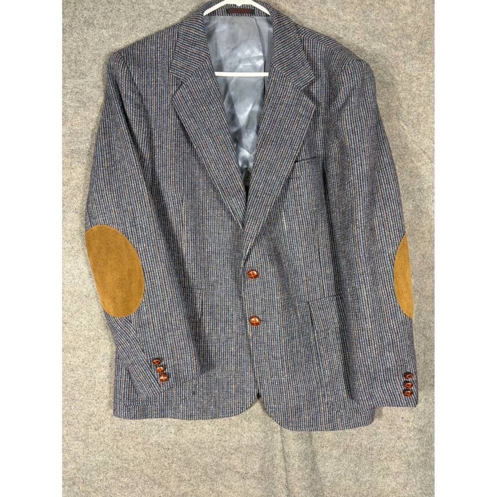 English Manor Vintage 80s Wool Blazer Blue Brown Stripe Elbow Patch Jacket 42S